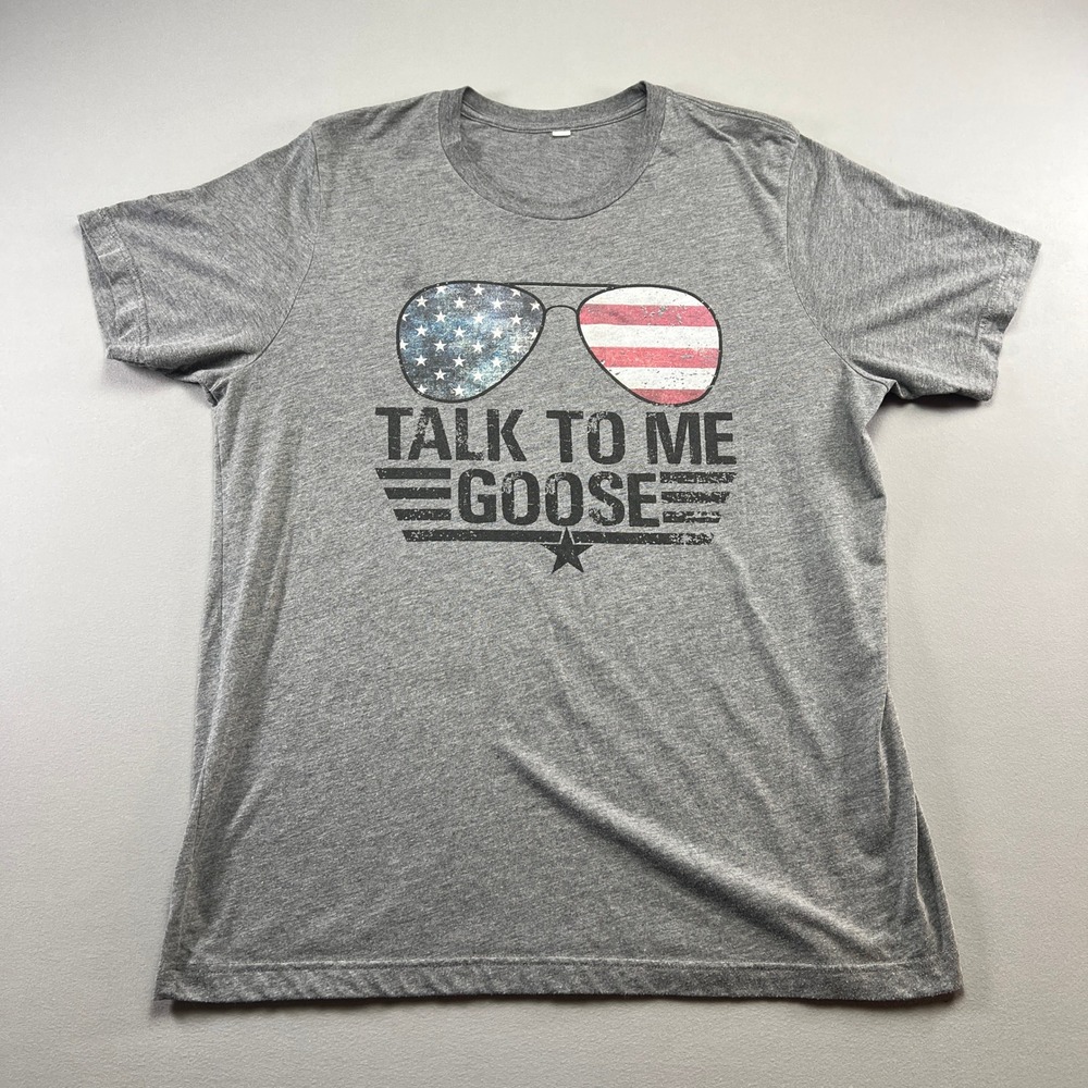 Talk To Me Goose T Shirt Mens Gray Aviator USA Flag Graphic Print Crew Neck